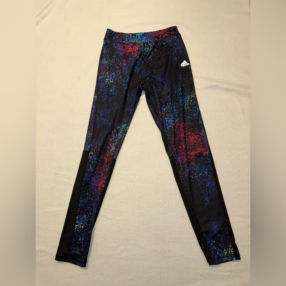 Adidas Girls Climalite Leggings Rainbow Paint Splatter Sz L (14) EUC